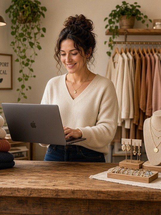 Boutique owner at her counter, a small business using AI workflows
